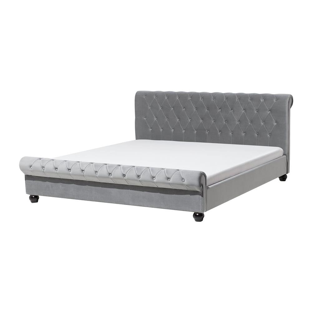 Letto Matrimoniale Velluto Grigio Chiaro In Stile Chesterfield 180x200cm Avallon - Foto 1
