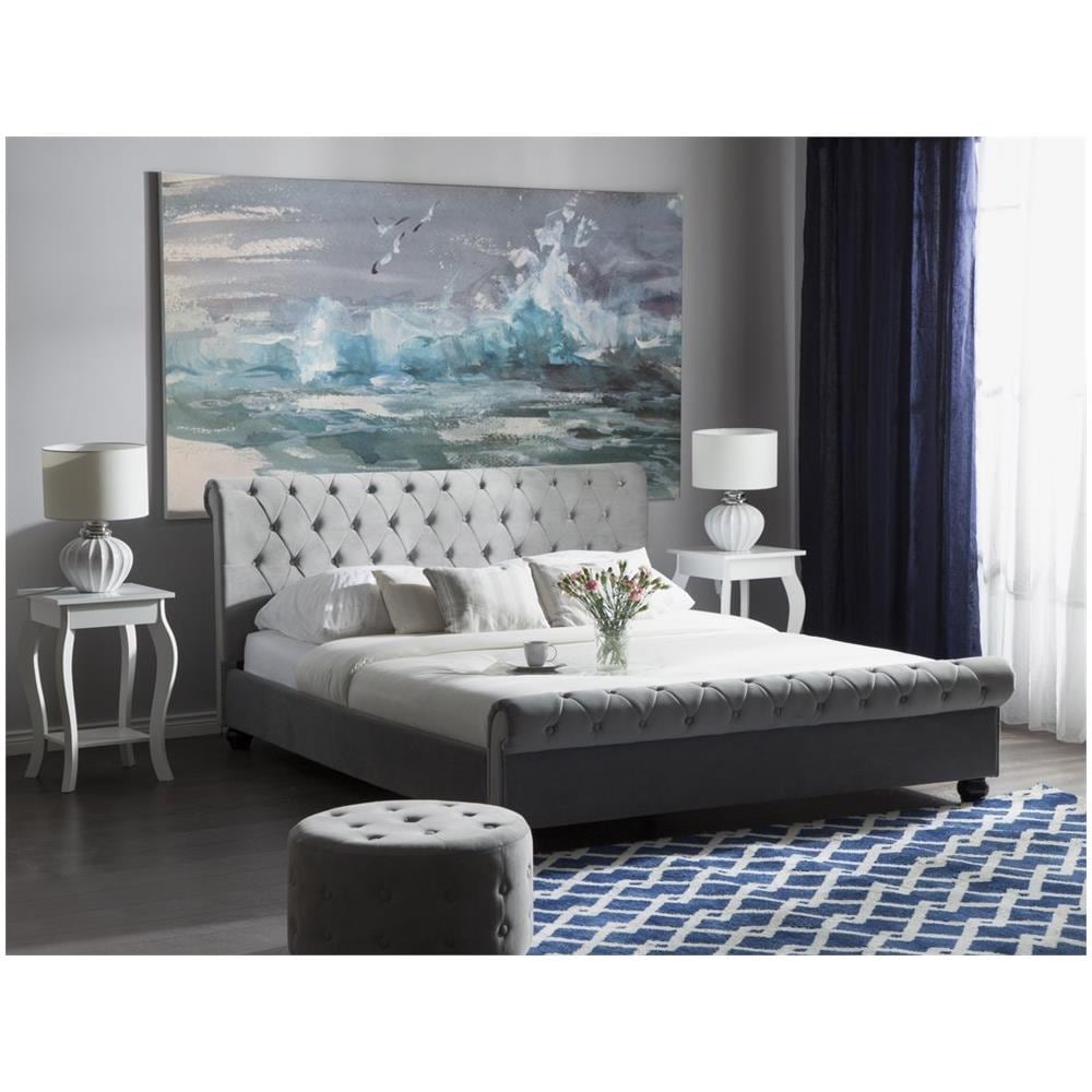Letto Matrimoniale Velluto Grigio Chiaro In Stile Chesterfield 180x200cm Avallon - Foto 2