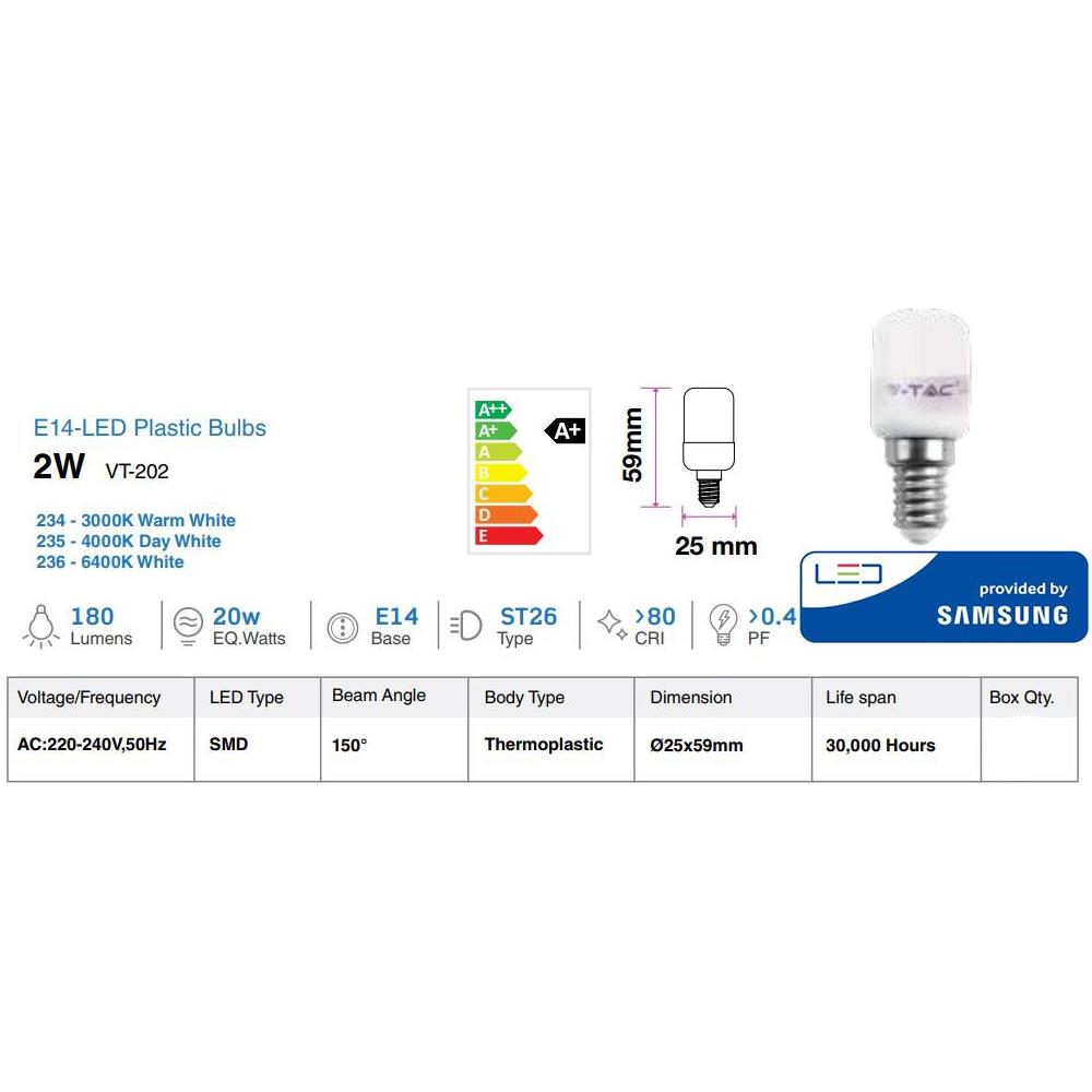 Lampadine Led E14 St26 2w Smd Samsung Tubolare Luce Calda 3000k V-tac Vt-202 234 - Foto 2