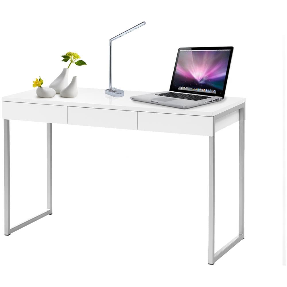 Scrivania Lineare A Tre Cassetti, Colore Bianco Lucido, Cm 125 X 76 X 51 - Foto 1