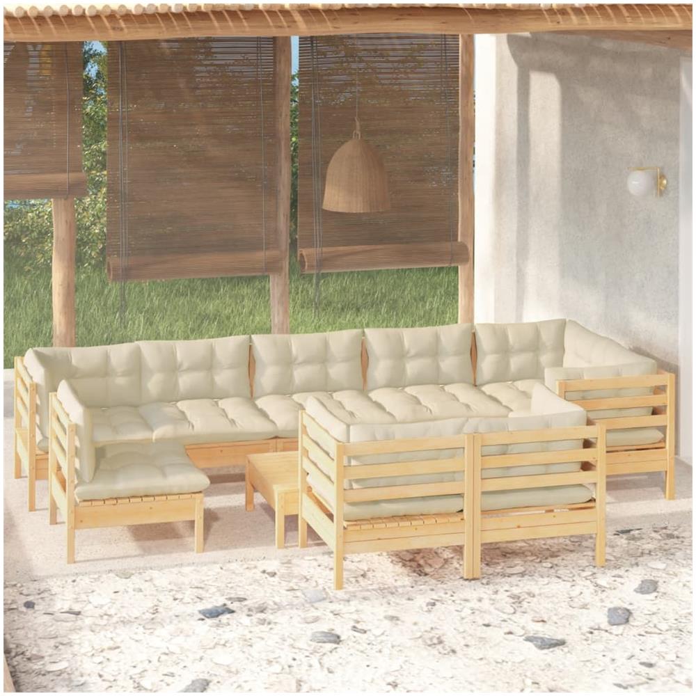 Set Divani Da Giardino 10 Pz Con Cuscini Crema Massello Di Pino - Foto 1