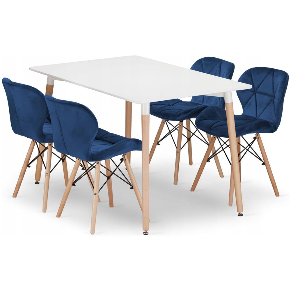 Set tavolo rettangolare VALORA YURO 120x80 bianco + 4 sedie WAKO blu navy - Foto 1