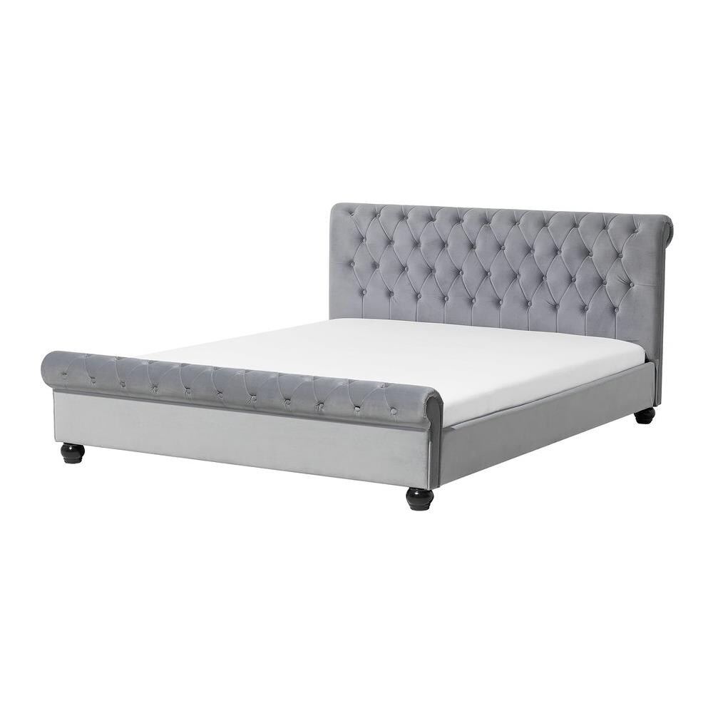 Letto Matrimoniale Velluto Grigio Chiaro In Stile Chesterfield 160x200cm Avallon - Foto 1
