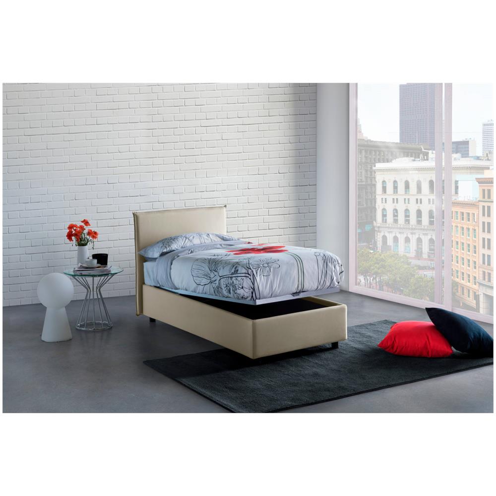 Letto Singolo Chiaraluna, Letto Contenitore Con Rivestimento In Tessuto, 100% Made In Italy, Apertura Frontale, Con Materasso Cm 90x190 Incluso, Beige - Foto 2
