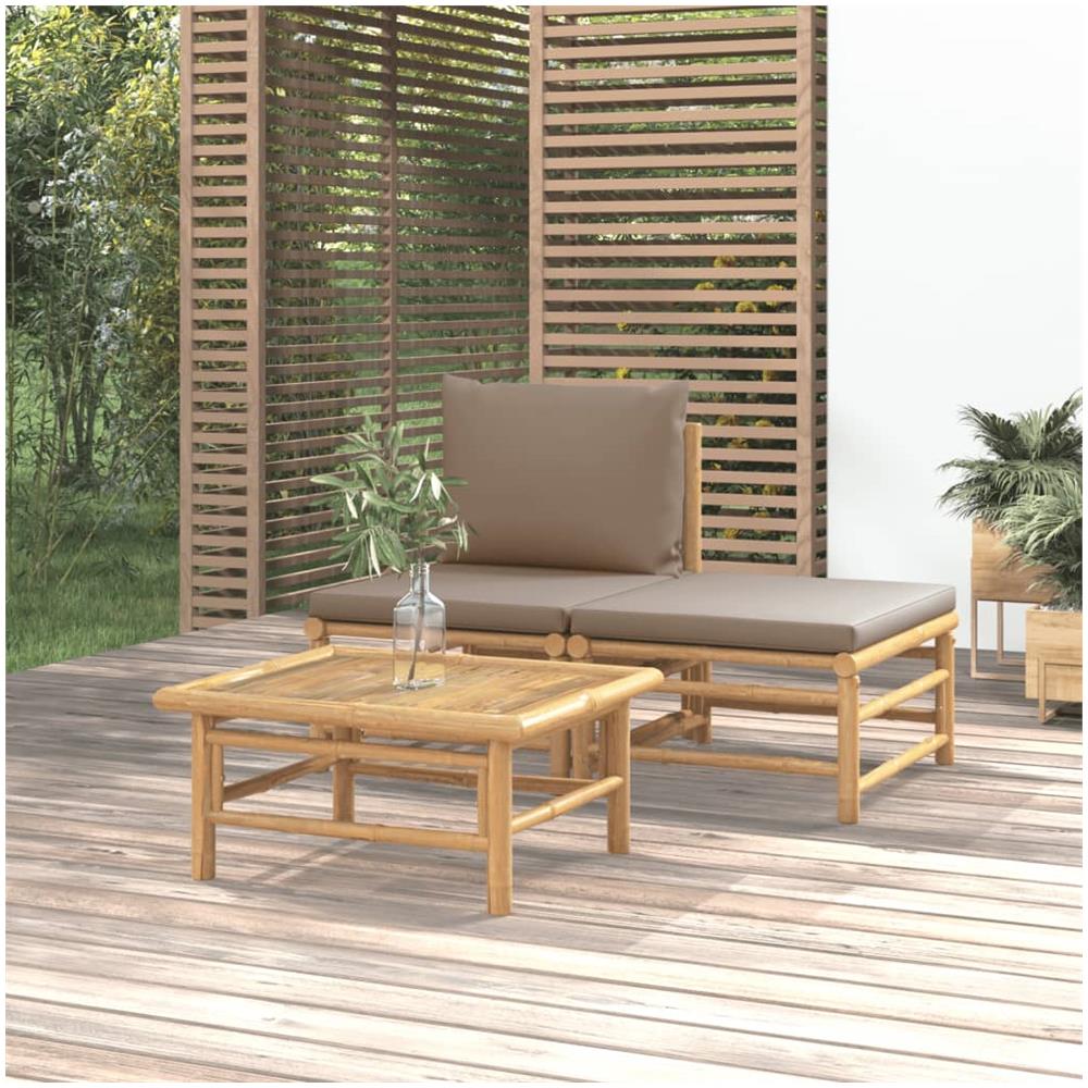 Set Salotto Da Giardino 3pz Con Cuscini Tortora Bambù - Foto 1