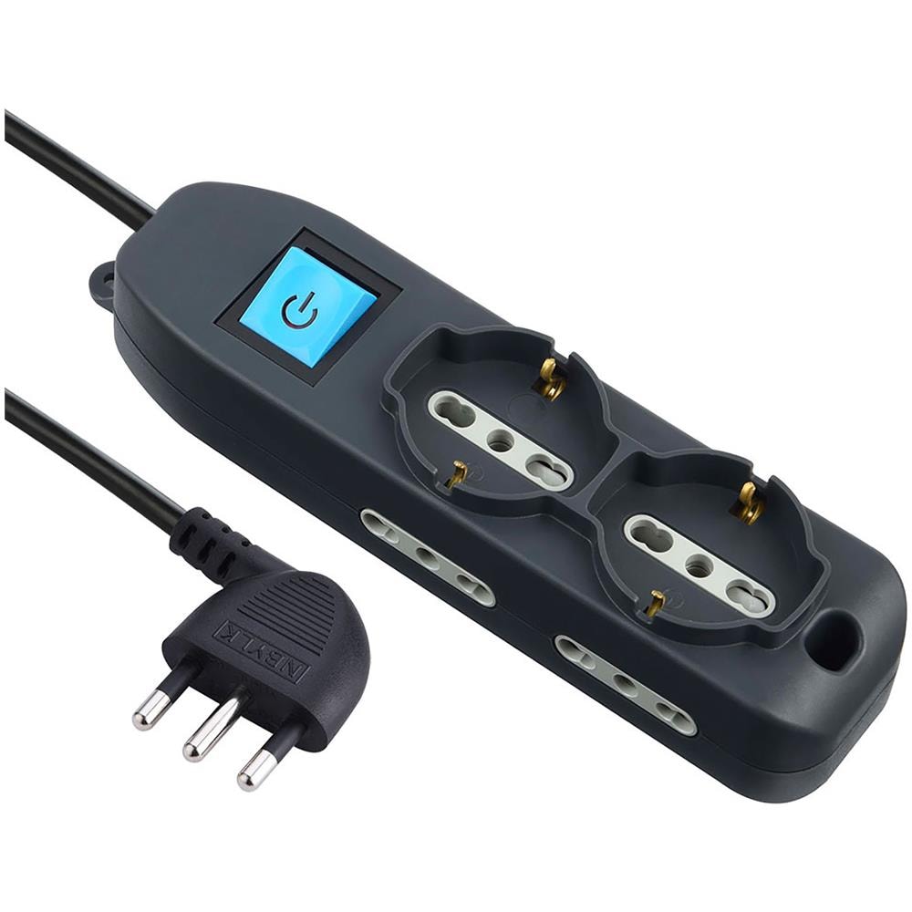 62050 Multipresa 6 Posti 2 Schuko E 4 Bivalenti 10/16a, Nero, Cavo 3 Mt - Foto 1