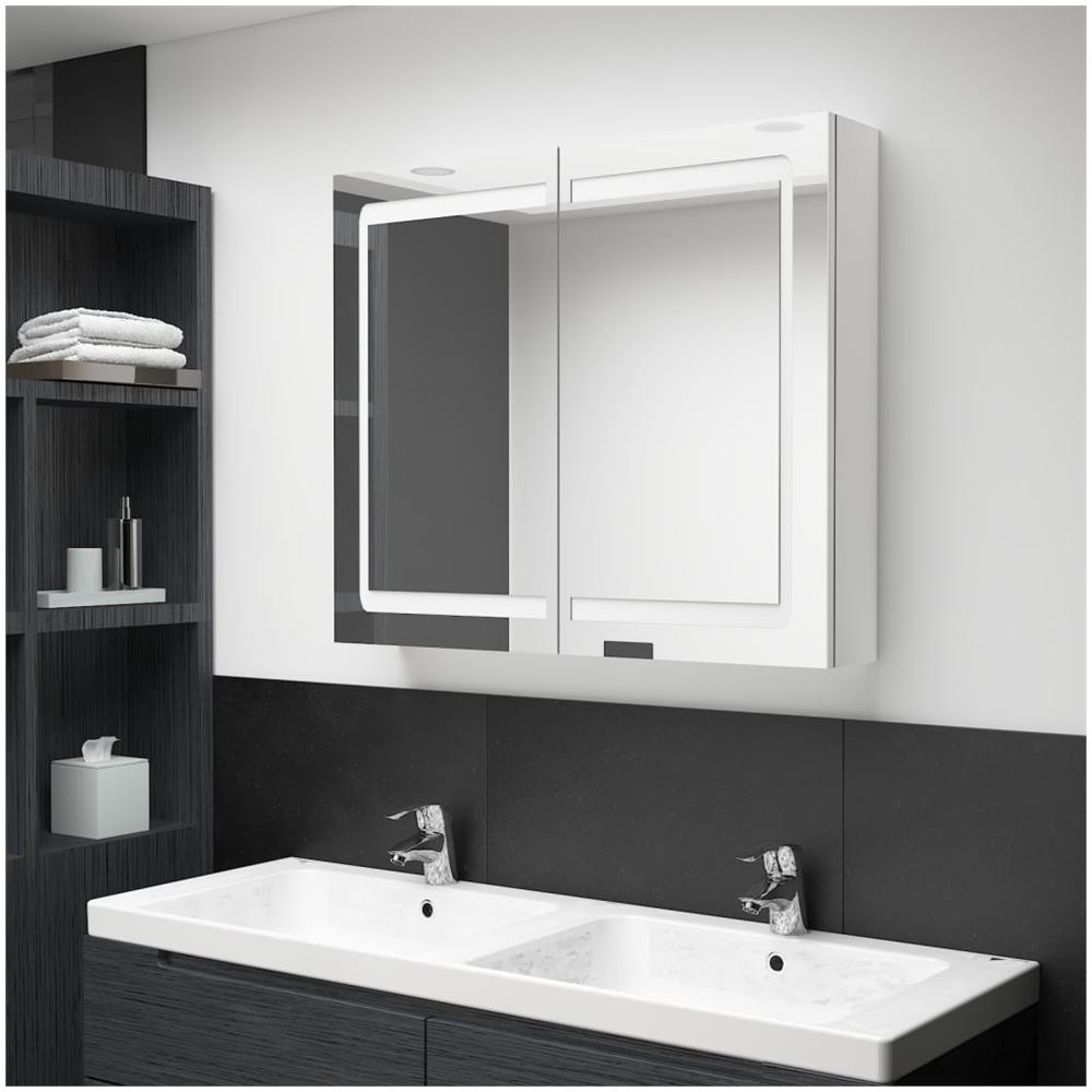 Armadietto Bagno con Specchio e LED Bianco Lucido 80x12x68 cm - Foto 1