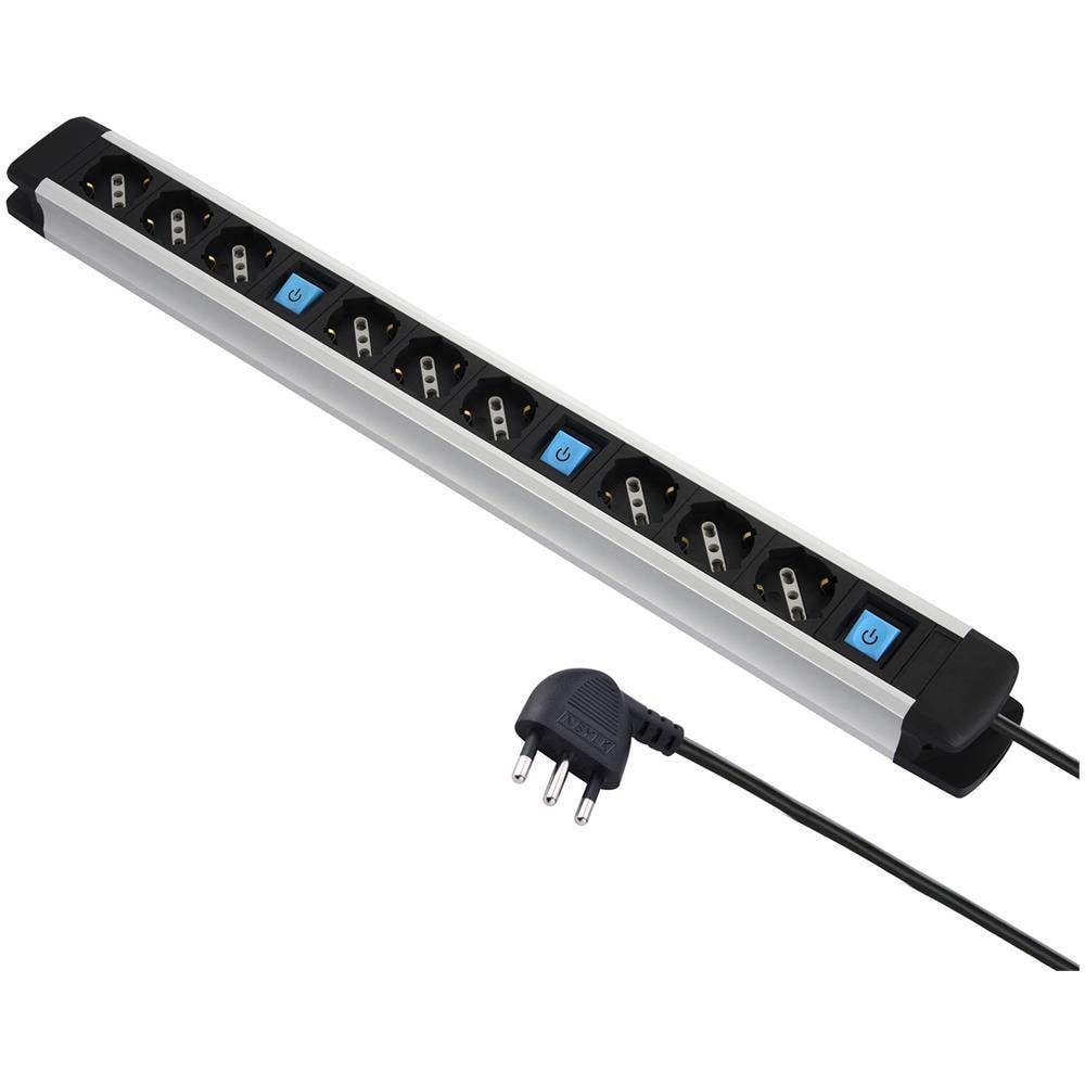 61900, Multipresa Alu-line 9 Posti Polivalenti (schuko+10/16a) E 3 Interruttori Luminosi (3 Prese Per Interruttore), 2m, Con Corpo In Alluminio - Foto 1