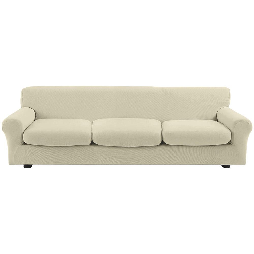 Copridivano Bielastico Antimacchia Con Copricuscini Separati - Copridivano 3 Posti (estensibile Da 150 A 210 Cm) + 3 Cuscini Panna - Foto 1
