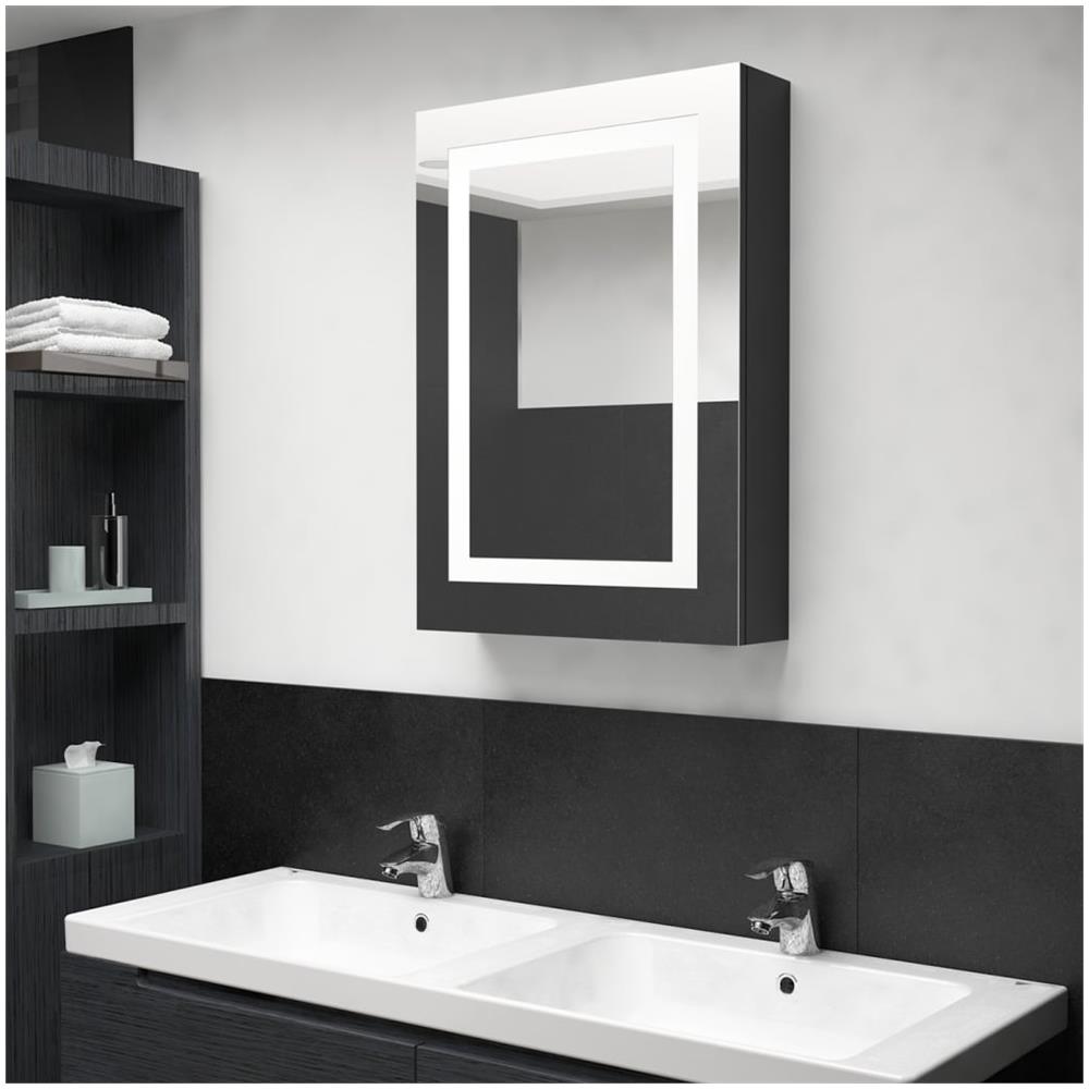 Armadietto Bagno con Specchio e LED Nero Lucido 50x13x70 cm - Foto 1