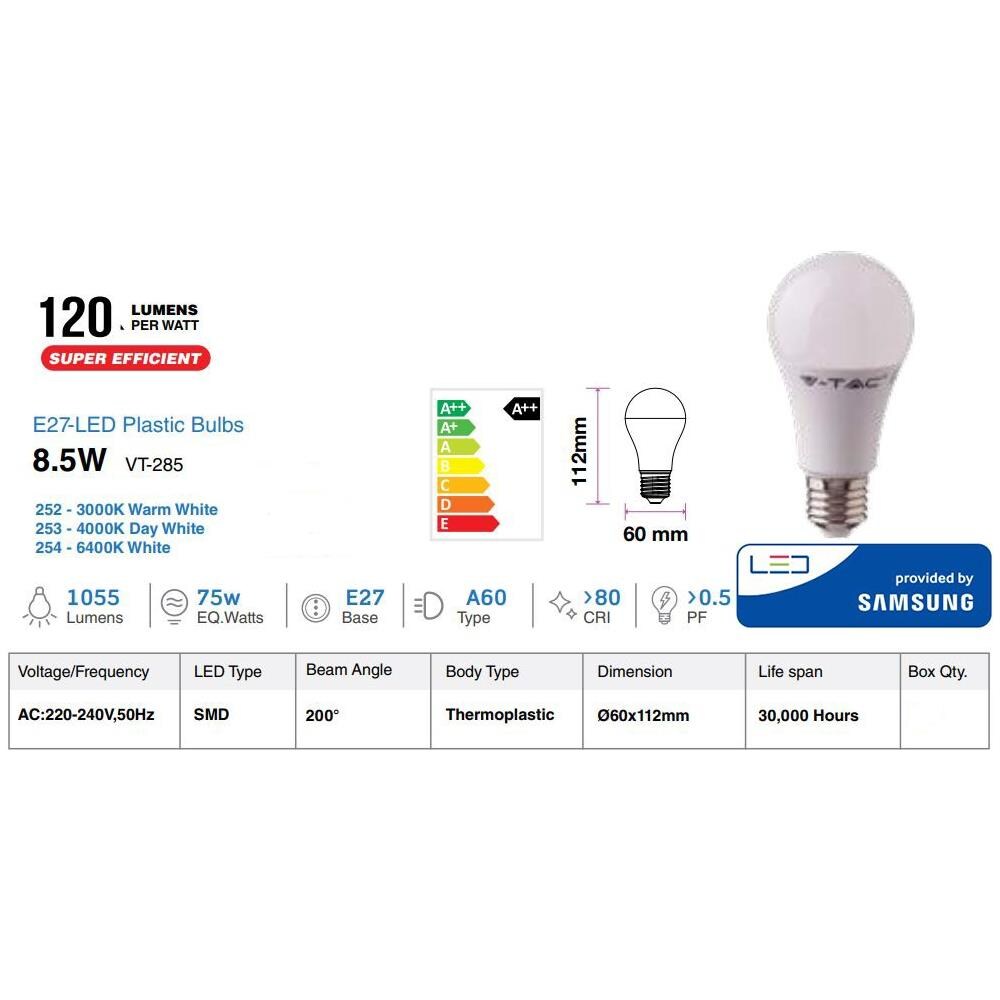 Lampadine Led E27 A60 8.5w Smd Samsung Bulbo Alta Luminositã Luce Fredda 6400k Vt-285 254 - Foto 2