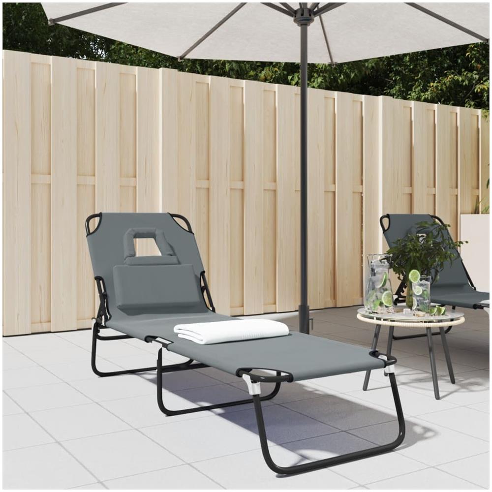 Lettino Prendisole Pieghevole Grigio Tessuto Oxford e Acciaio - Foto 1