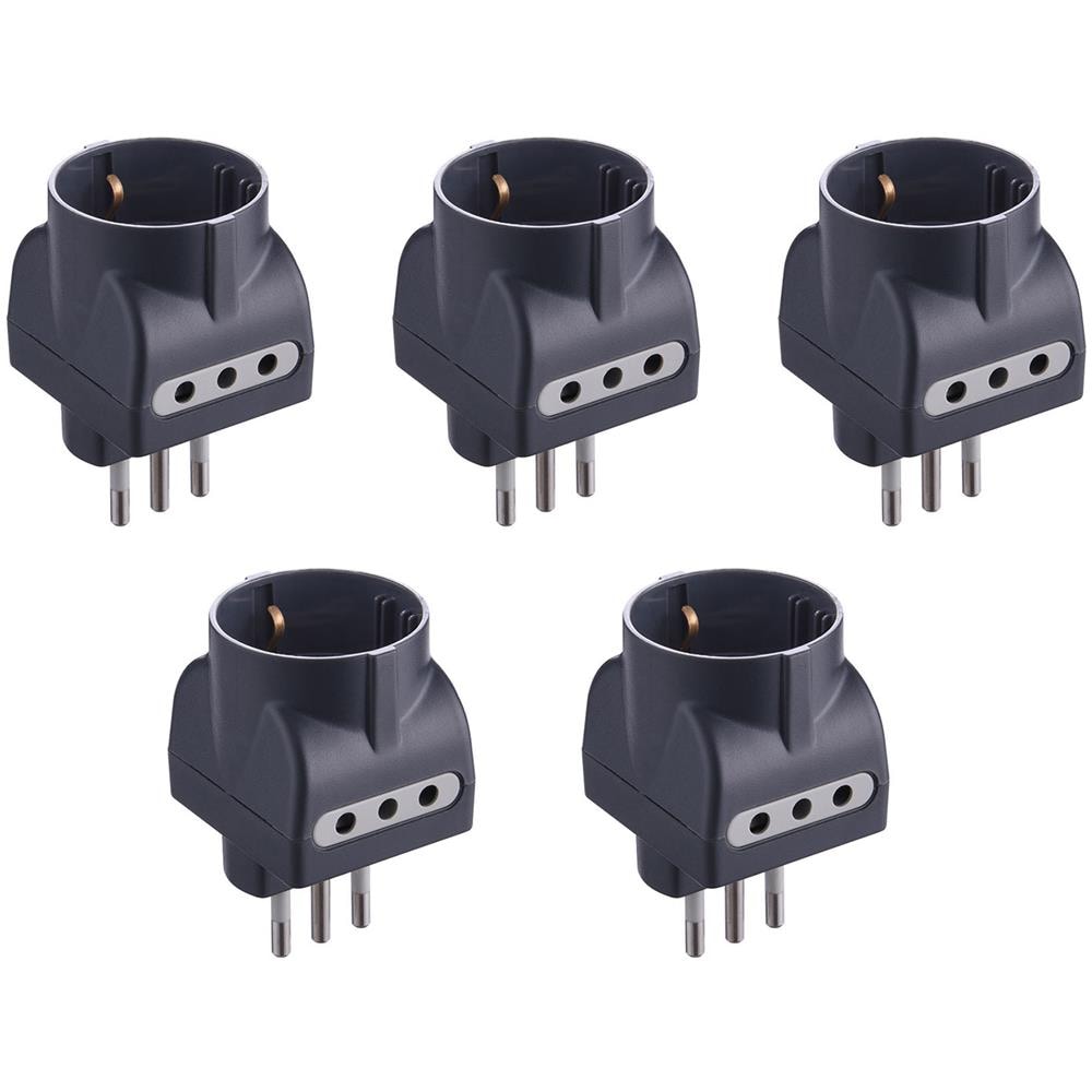 92297 Set 5 Adattatori 3 Posti 1 Schuko + 2 10a, Nero, Confezione Da 5 - Foto 1