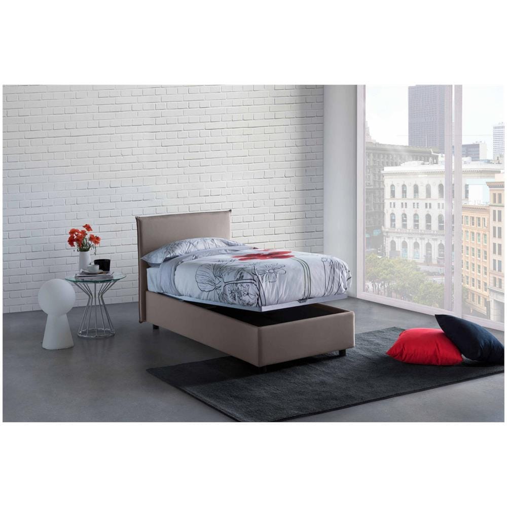 Letto Singolo Chiaraluna, Letto Contenitore Con Rivestimento In Tessuto, 100% Made In Italy, Apertura Frontale, Con Materasso Cm 90x190 Incluso, Tortora - Foto 2