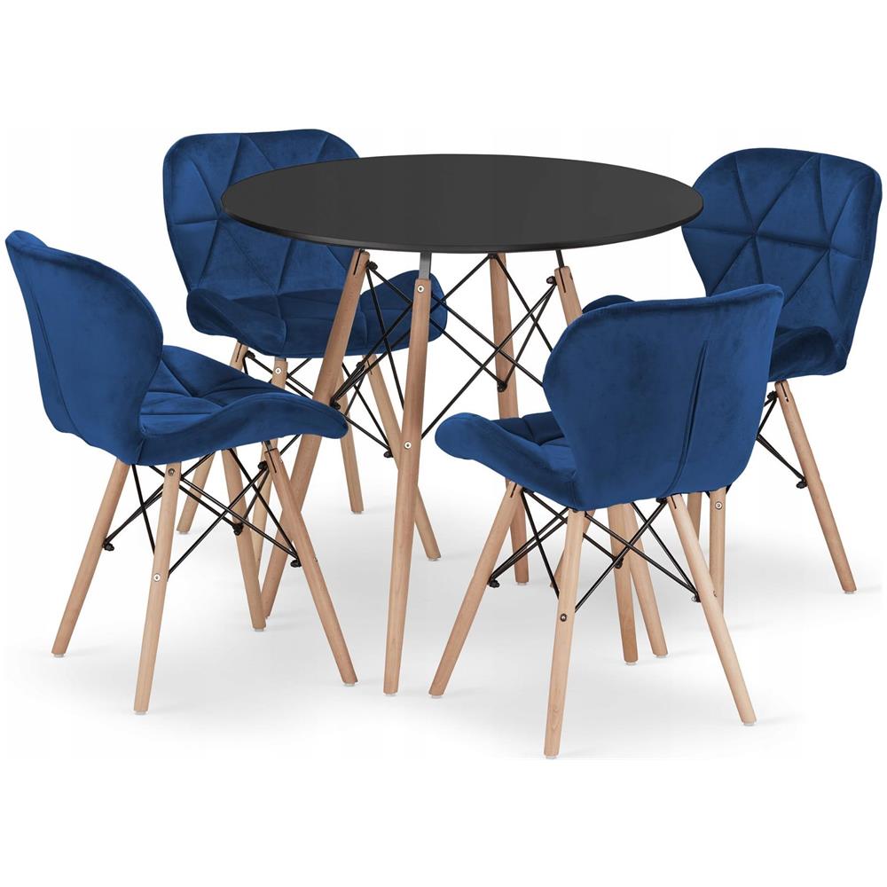 Tavolo rotondo nero KOVA 80 con 4 sedie blu navy WAKO - Foto 1