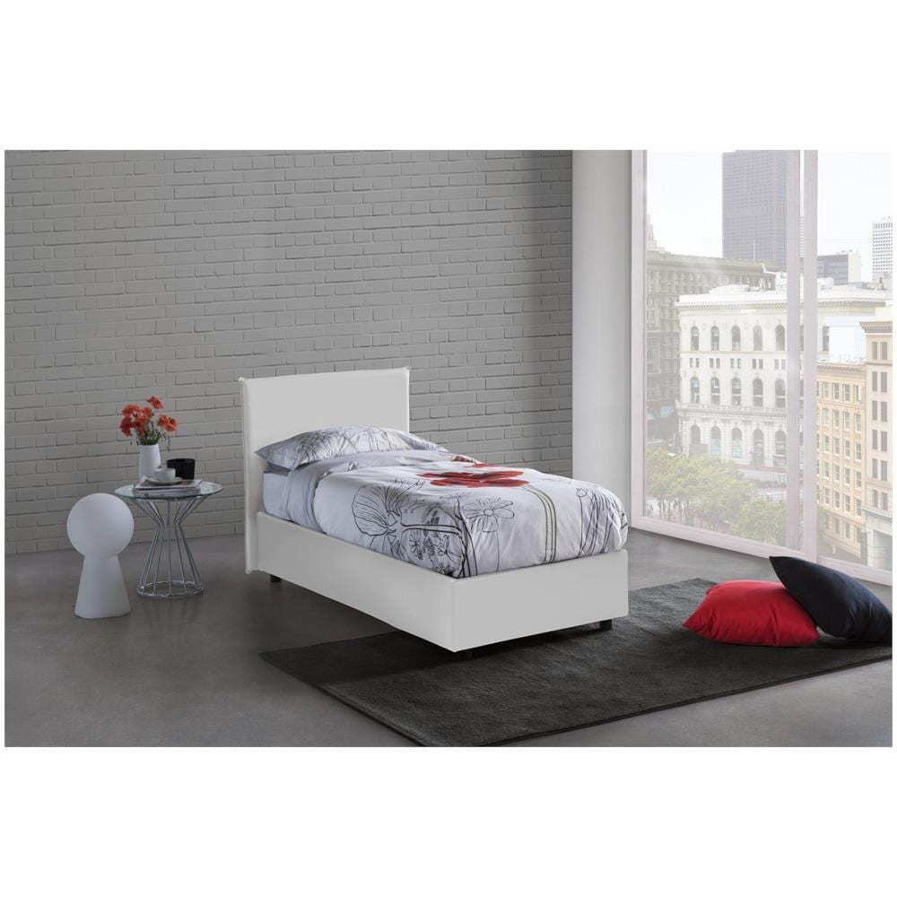 Letto Singolo Christine, Letto Contenitore Con Rivestimento In Ecopelle, 100% Made In Italy, Apertura Frontale, Adatto Per Materasso Cm 90x200, Bianco - Foto 1