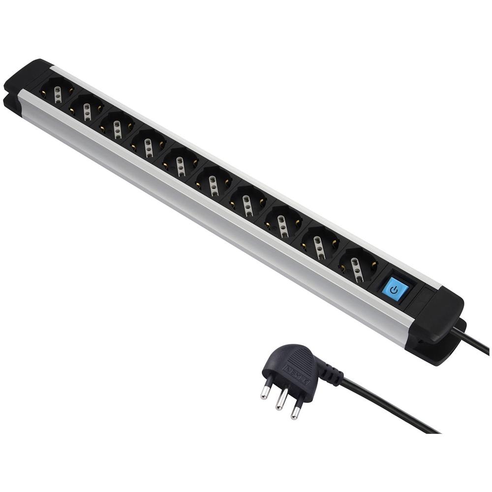 61903, Multipresa Alu-line 10 Posti Polivalenti (schuko+10/16a) E 1 Interruttore Luminoso, 2m, Con Corpo In Alluminio - Foto 1