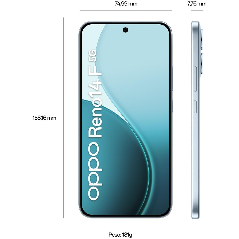 Reno14F 5G 256GB 8GB Ram Display 6,57" FHD+ 120Hz Main Camera 50+8+2MP USB Type-C Dual nanoSim Android 15 Snapdragon 6 Gen1 6000mAh Opal Blue - Foto 8