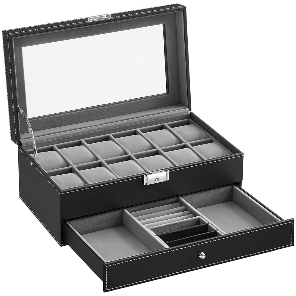 Porta Orologi e Gioielli con 12 Scomparti e Cassetto - Nero - Foto 1
