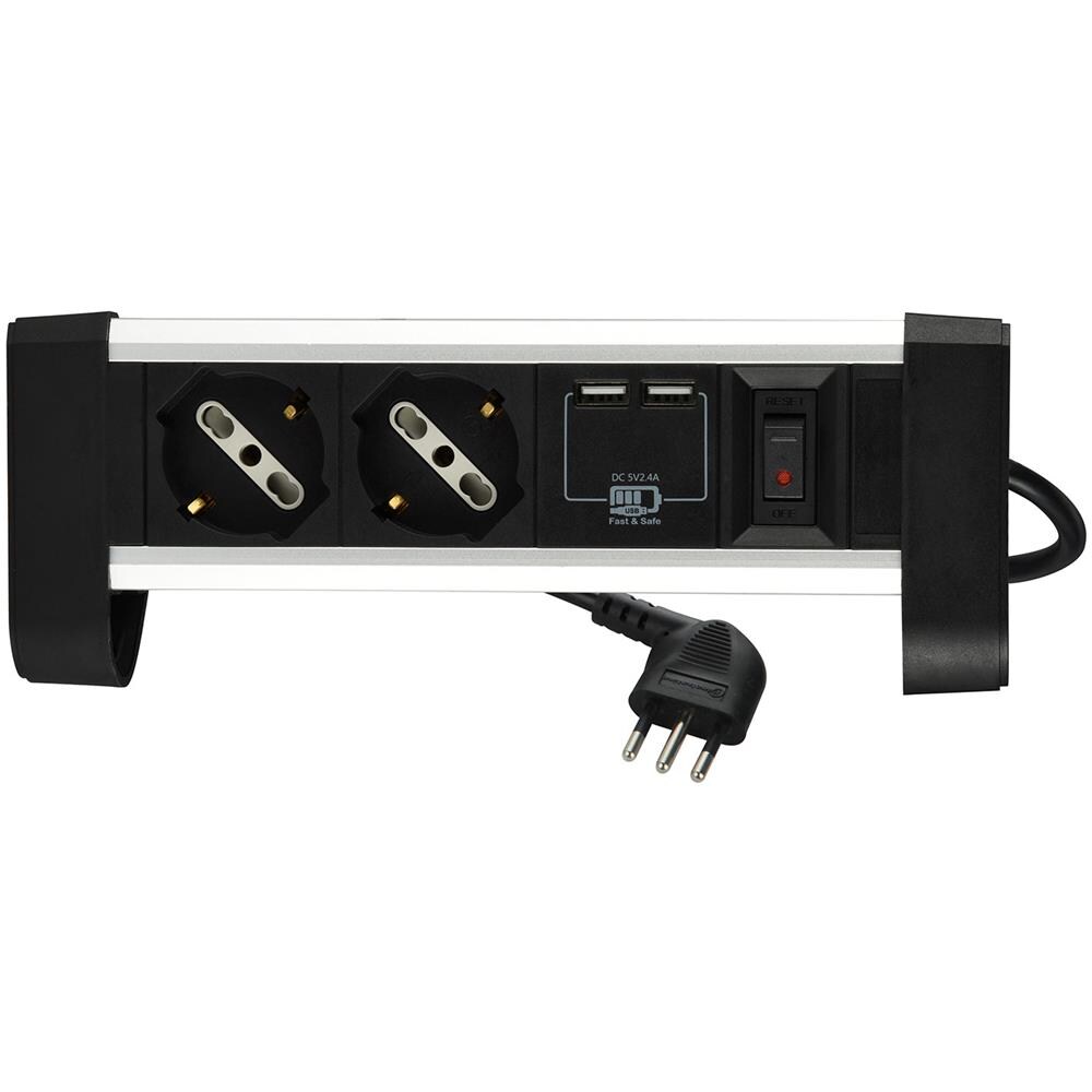 62092 Multipresa Da Scrivania 2 Posti Polivalenti (schuko + 10/16a), Con 2 Usb 2.4a, Con Supporti Per Fissaggio Alla Scrivania, Colore Nero / argento, Cavo 2 M - Spina 16a - Foto 2