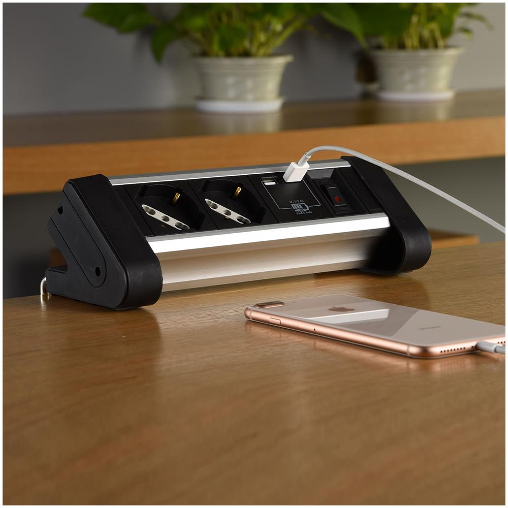 62092 Multipresa Da Scrivania 2 Posti Polivalenti (schuko + 10/16a), Con 2 Usb 2.4a, Con Supporti Per Fissaggio Alla Scrivania, Colore Nero / argento, Cavo 2 M - Spina 16a - Foto 3