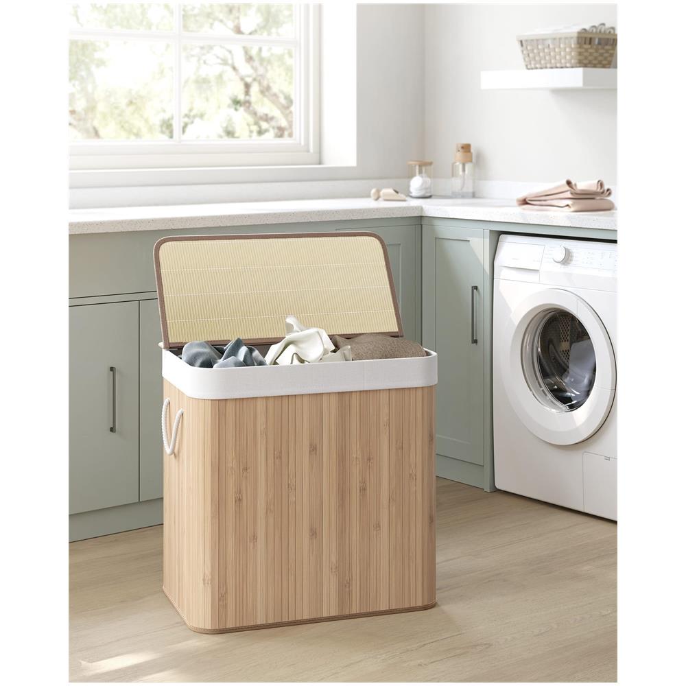 Cesto portabiancheria in bambù naturale a 3 scomparti da 150 litri con coperchio - Foto 2