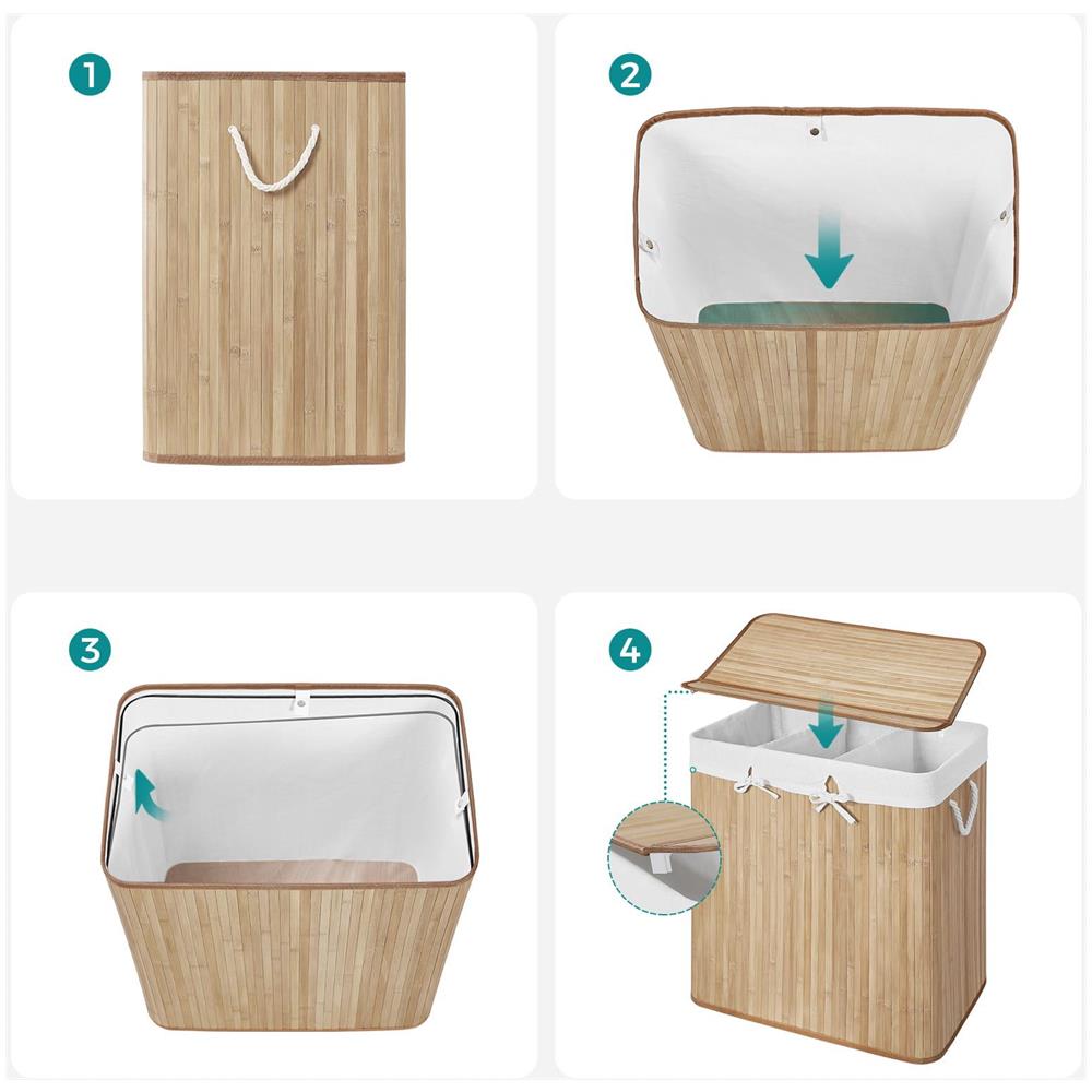 Cesto portabiancheria in bambù naturale a 3 scomparti da 150 litri con coperchio - Foto 8