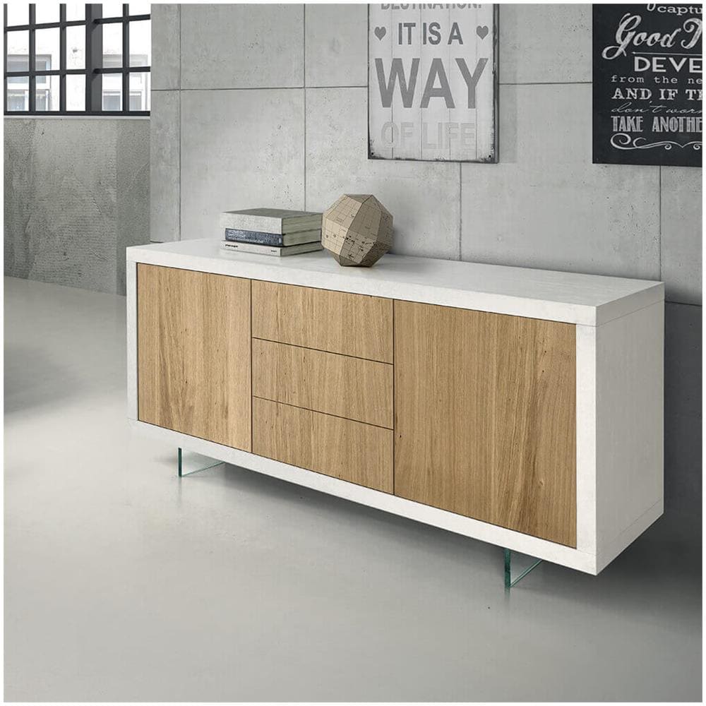 Mobile Base Cm 186x45x87h Naturale E Bianco Per Cucina Sala Da Pranzo Salotto Soggiorno Camera Da Letto Ufficio - Foto 3