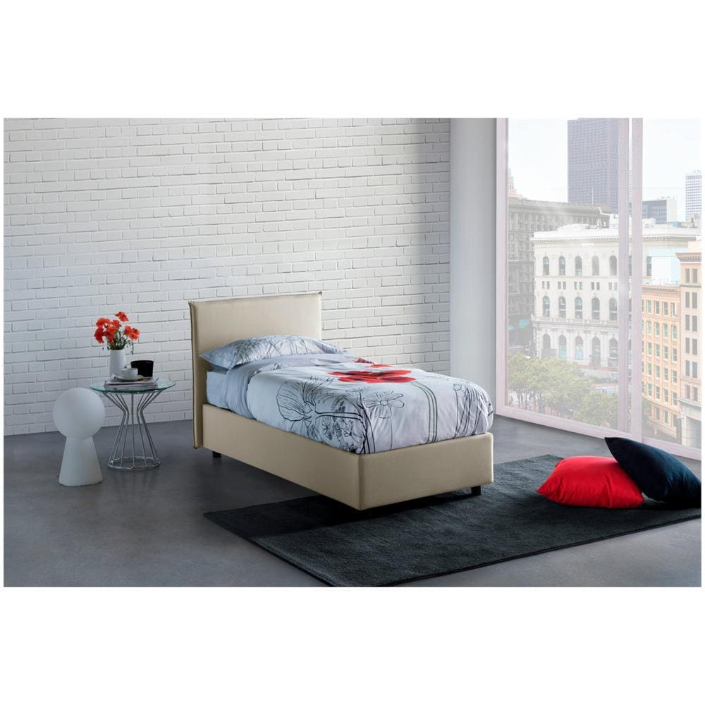 Letto Singolo Claire, Letto Contenitore Con Rivestimento In Tessuto, 100% Made In Italy, Apertura Frontale, Con Materasso Cm 90x200 Incluso, Beige - Foto 1