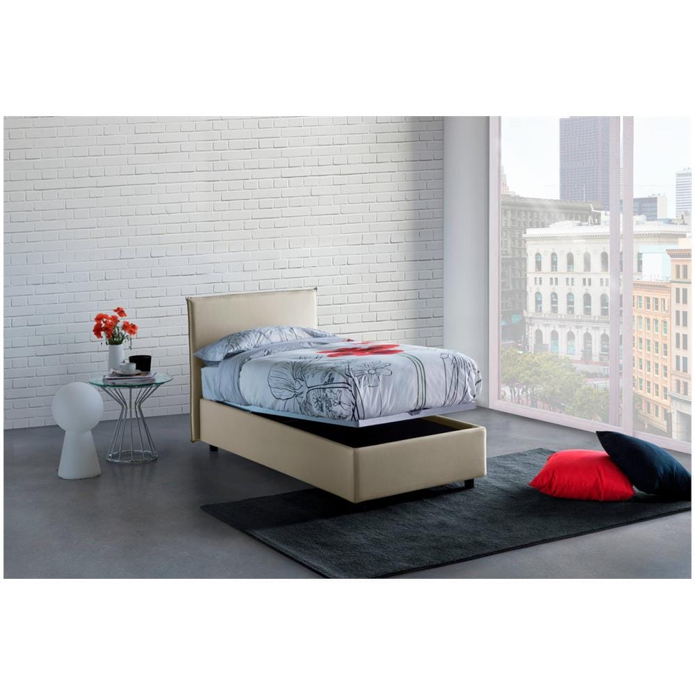 Letto Singolo Claire, Letto Contenitore Con Rivestimento In Tessuto, 100% Made In Italy, Apertura Frontale, Con Materasso Cm 90x200 Incluso, Beige - Foto 2