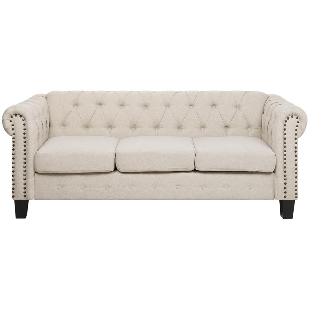 Divano 3 Posti In Tessuto Beige Gambe Dritte Chesterfield - Foto 1