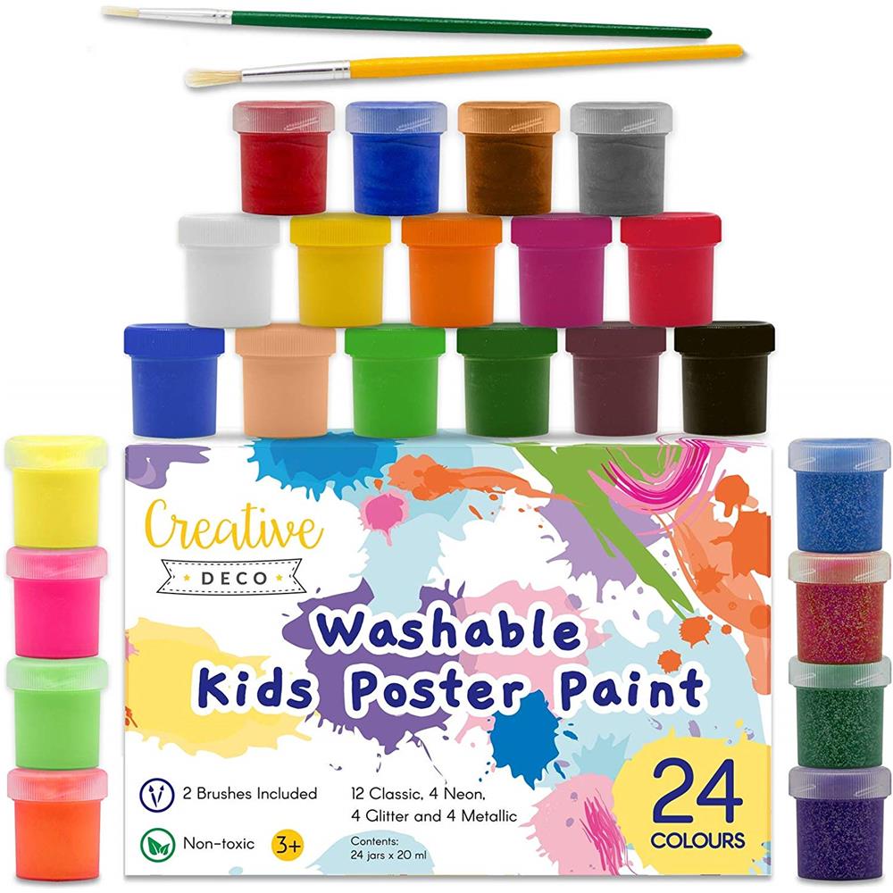 Creativo Deco Lavabile Bambini Poster Set Di Verniciatura 20 Ml X 24 Tazze Multicolori Non Tossico I Colori Di Base Fluorescenti Glitter Metallici E Neon Perfetto Per I Principianti Bambini Studenti E Artisti - Foto 1
