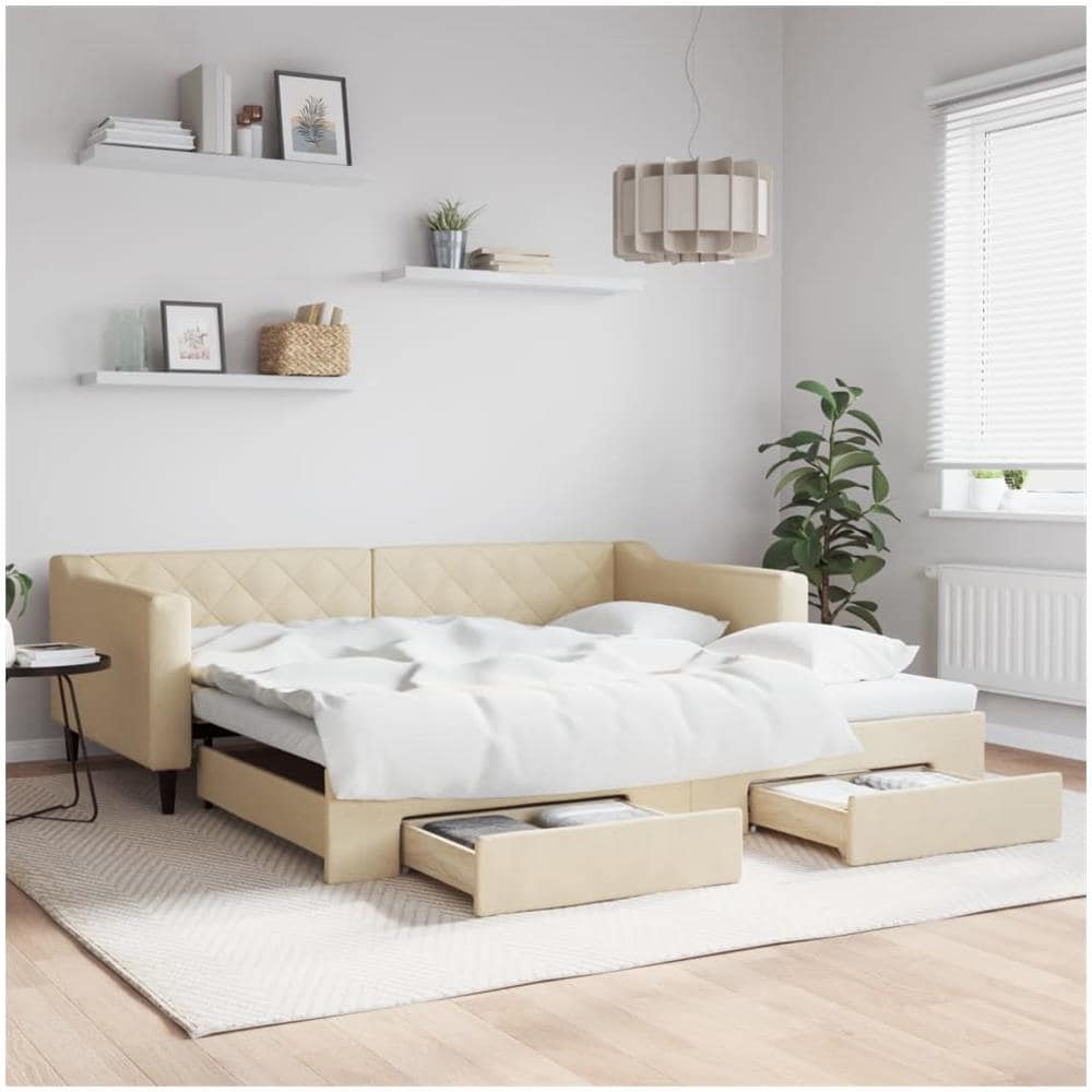 Divano Letto Estraibile Con Cassetti Crema 100x200cm In Tessuto - Foto 1