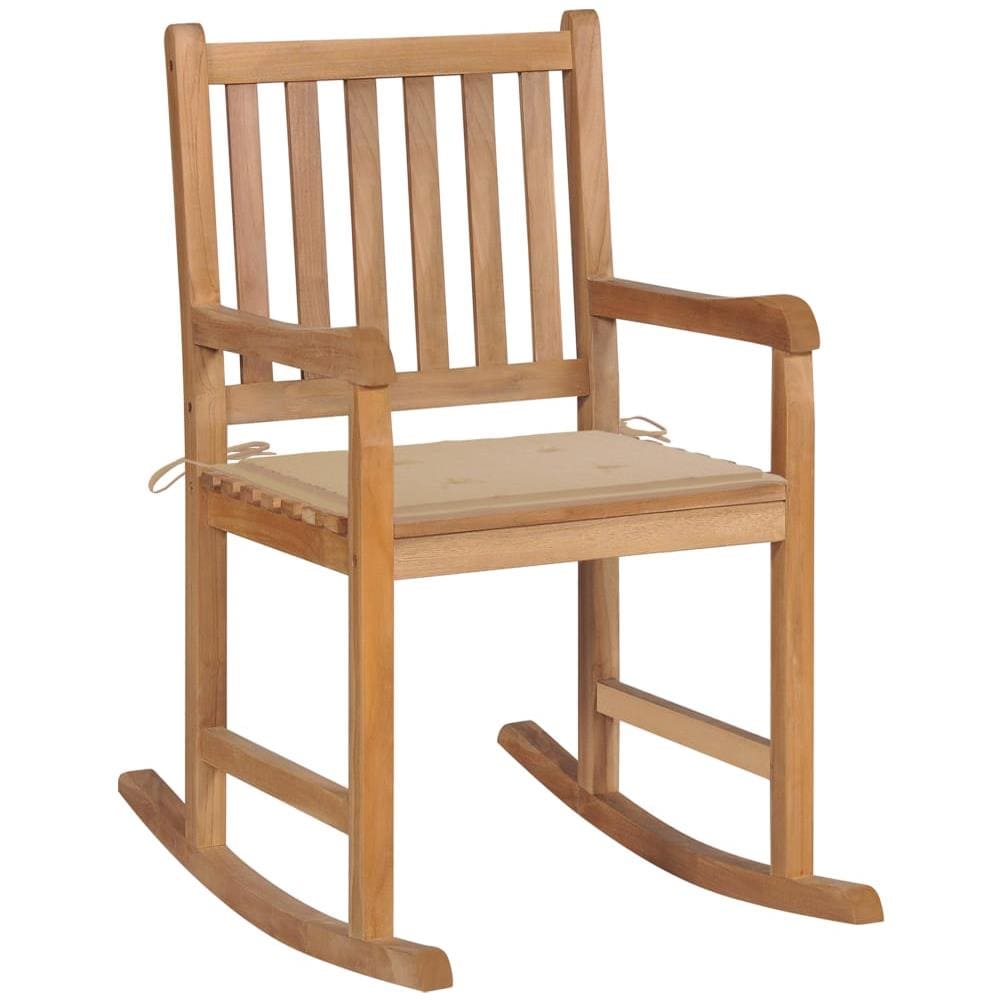 Sedia A Dondolo Con Cuscino Beige In Massello Di Teak - Foto 1