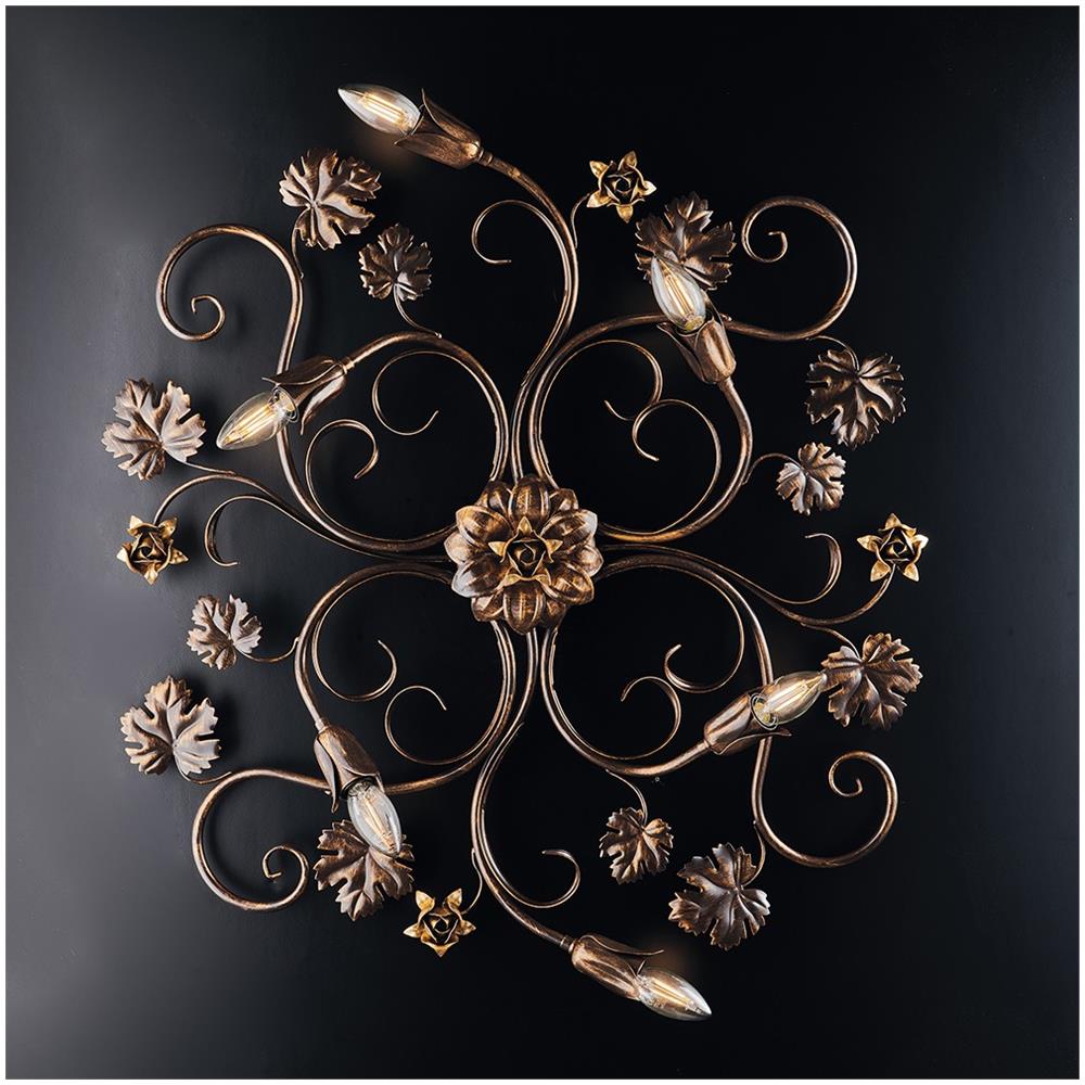 Iris - Plafoniera In Ferro Laccato Marrone Con Decoraz. Oro Antico 6 Luci - Ø79 X 67 - Bl169-pl6-br - Foto 1