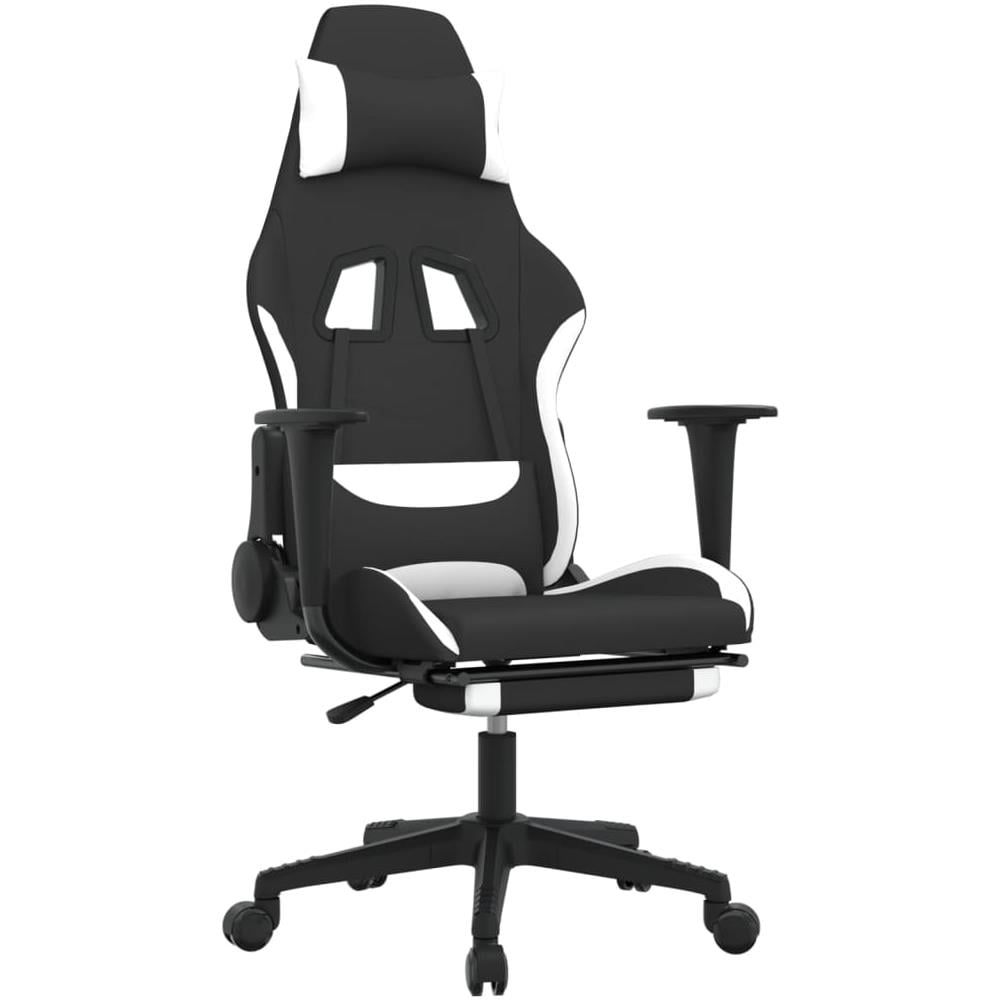 Sedia da Gaming Massaggio e Poggiapiedi Tessuto Nero e Bianco - Foto 2