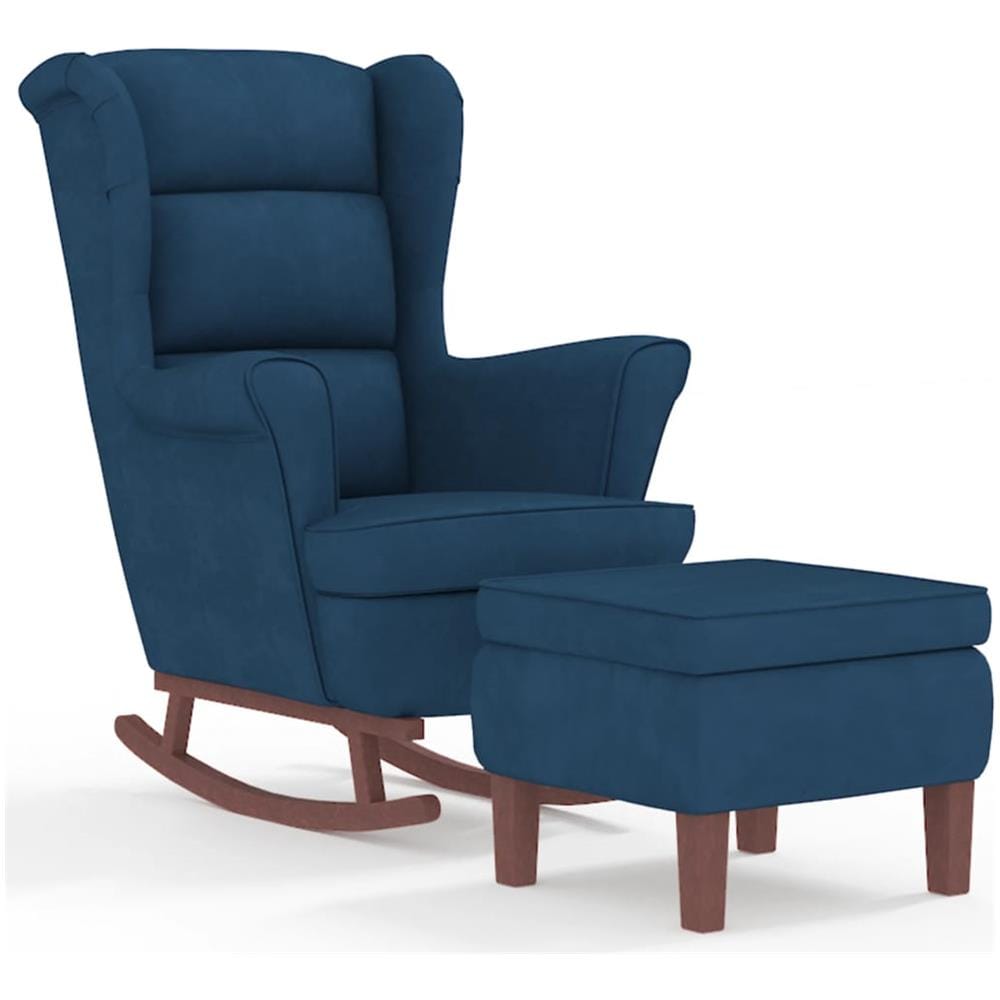 Poltrona A Dondolo Con Gambe In Legno E Poggiapiedi Blu Velluto - Foto 1