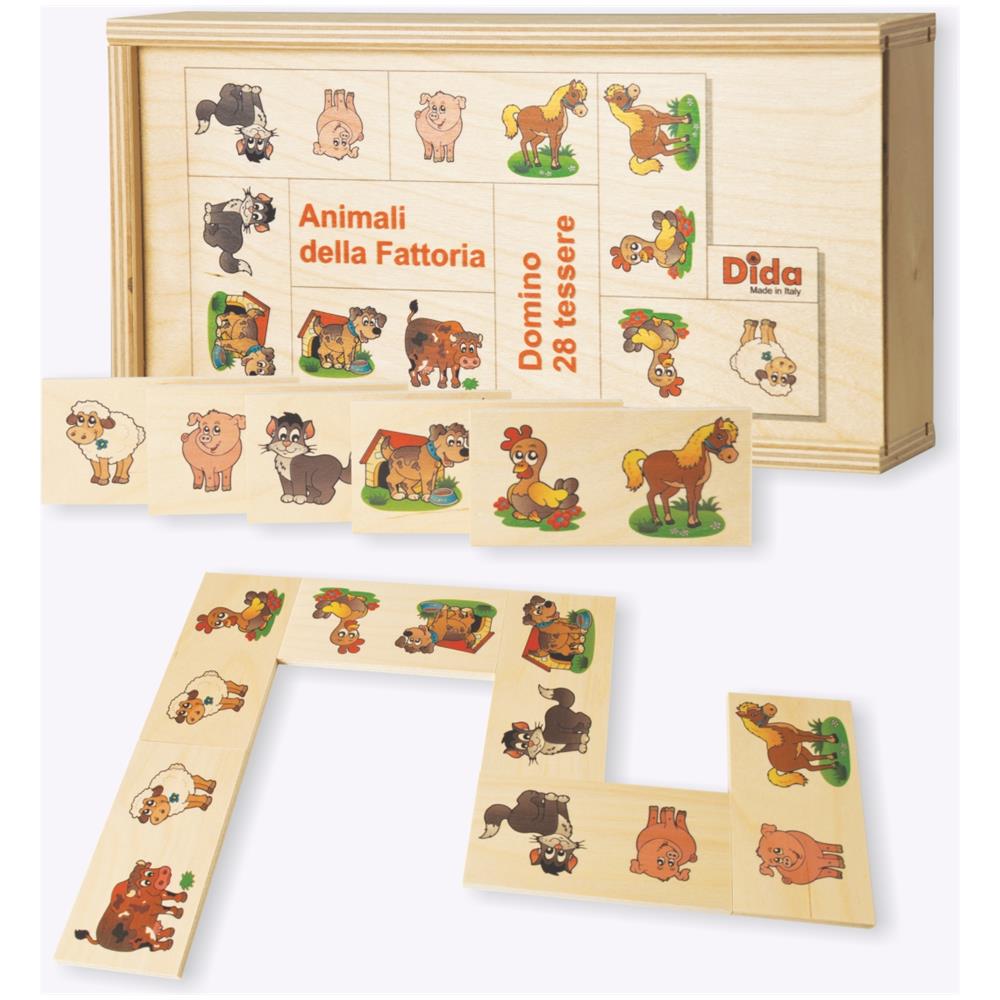 Domino Animali Della Fattoria. Mucca, Gatti, Cani, Gallina, Pecora E Maialini Illustrati Nel Domino Gioco Da Tavolo Con Tessere E Scatola Di Legno Per Bambini. - Foto 1