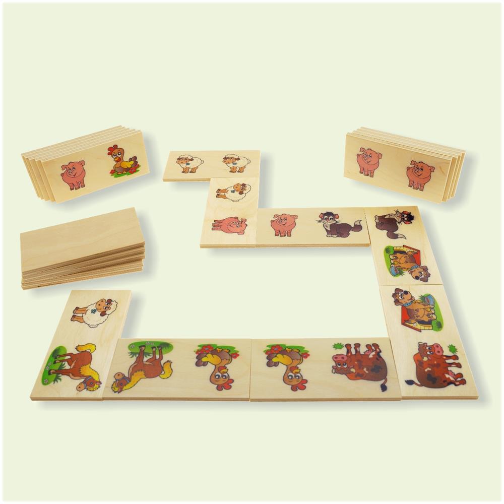 Domino Animali Della Fattoria. Mucca, Gatti, Cani, Gallina, Pecora E Maialini Illustrati Nel Domino Gioco Da Tavolo Con Tessere E Scatola Di Legno Per Bambini. - Foto 2