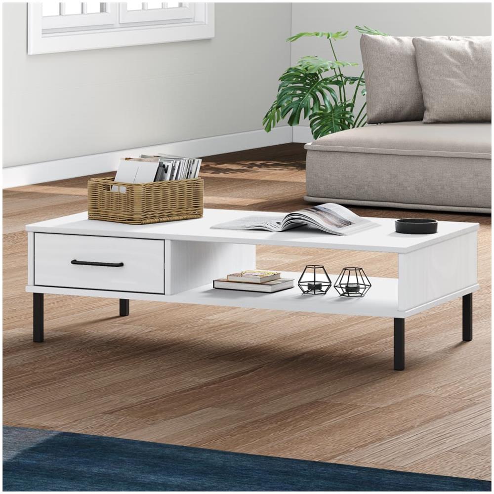 Tavolino Salotto Gambe Metallo Bianco Legno Massello Pino Oslo - Foto 1
