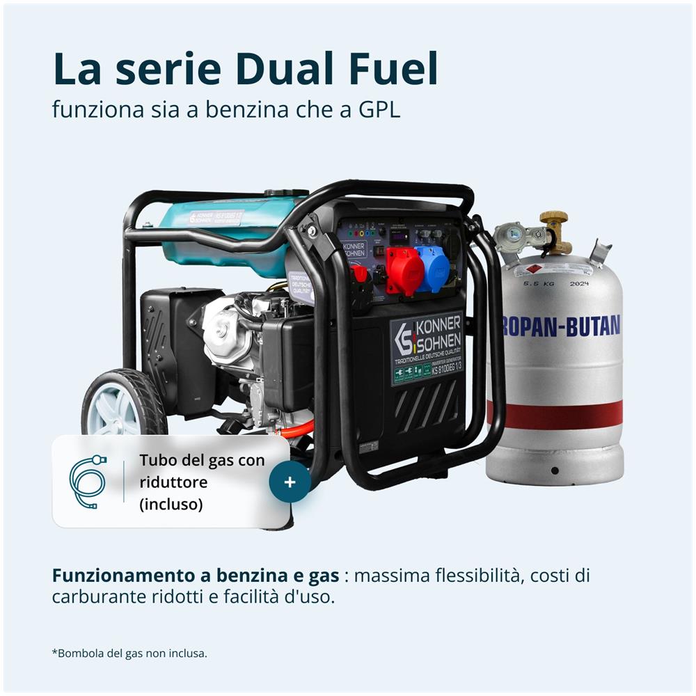 Generatore inverter a GPL /benzina KS 8100iEG 1/3 Tensione, V 230/400 Potenza massima, kW 8,5**kW (230V) / 8,5**kW (400V) - Foto 2
