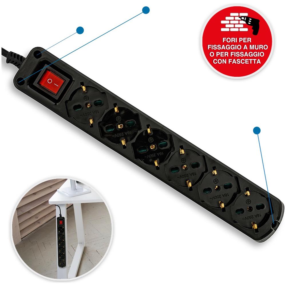 Multipresa 6 Posti Polivalenti Schuko + 10/16a Con Interruttore Cavo 1m E Spina 16a - Foto 1