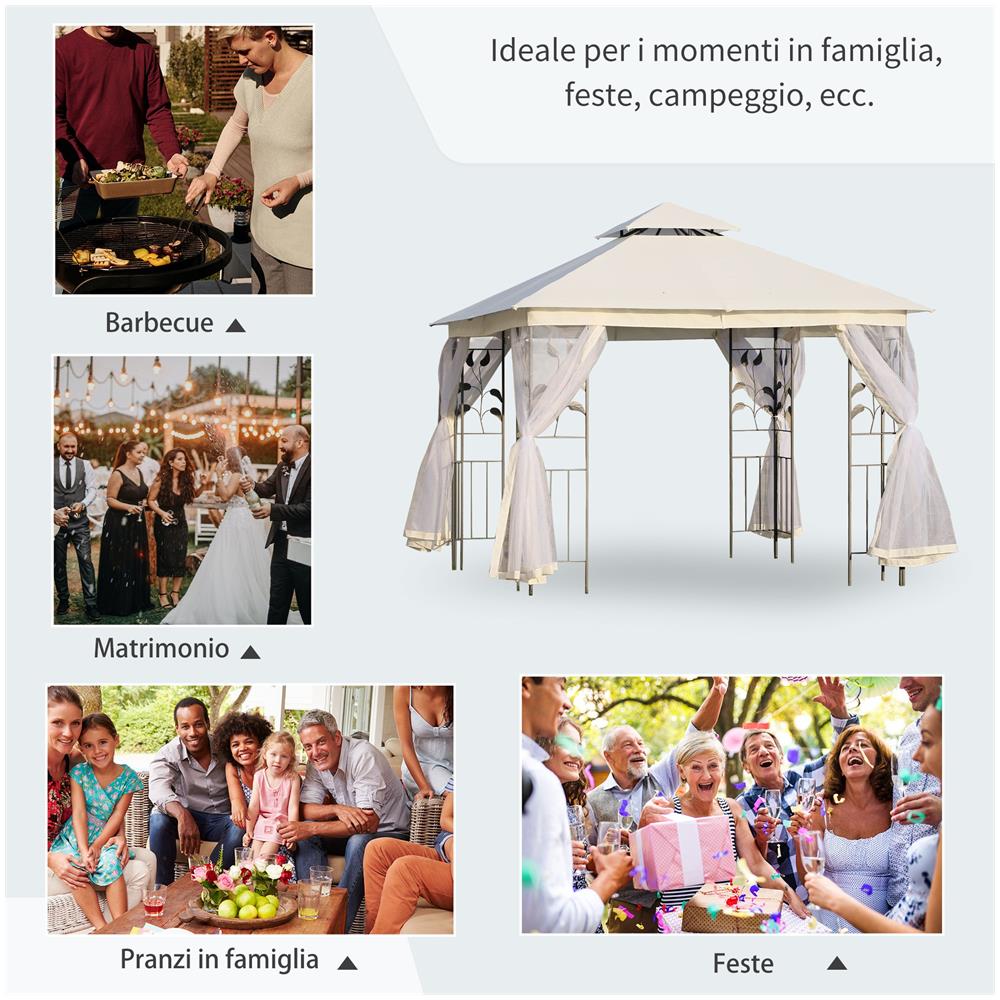 Gazebo Da Esterno O Giardino 3x3m Con Zanzariera, Telaio In Acciaio E Doppio Tettuccio, Bianco - Foto 8