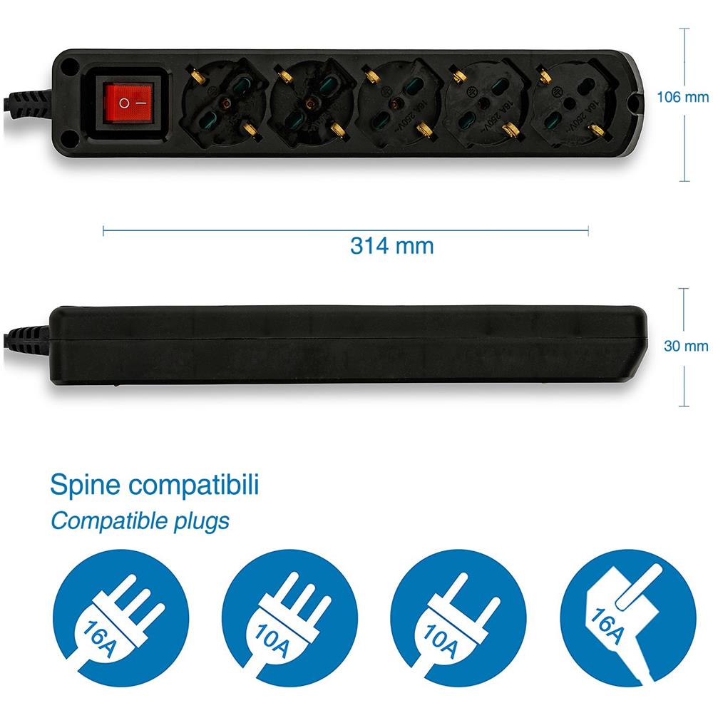 Multipresa 5 Posti Polivalenti Schuko + 10/16a Con Interruttore Cavo 1m E Spina 16a - Foto 1