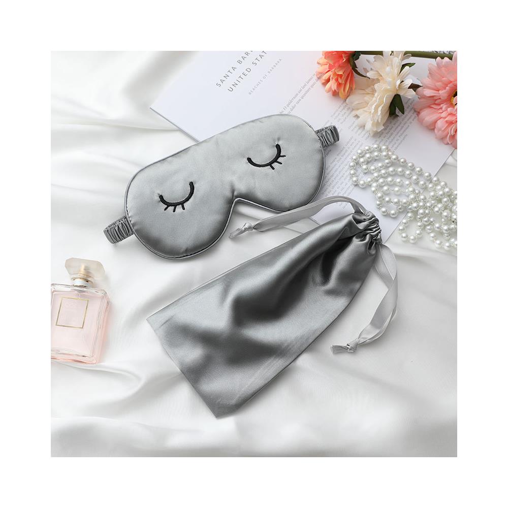 Maschera Per Gli Occhi Oscurante Per Il Sonno In Tessuto Simile Alla Seta Ricamata Con Custodia In Tessuto Grigio - Foto 3