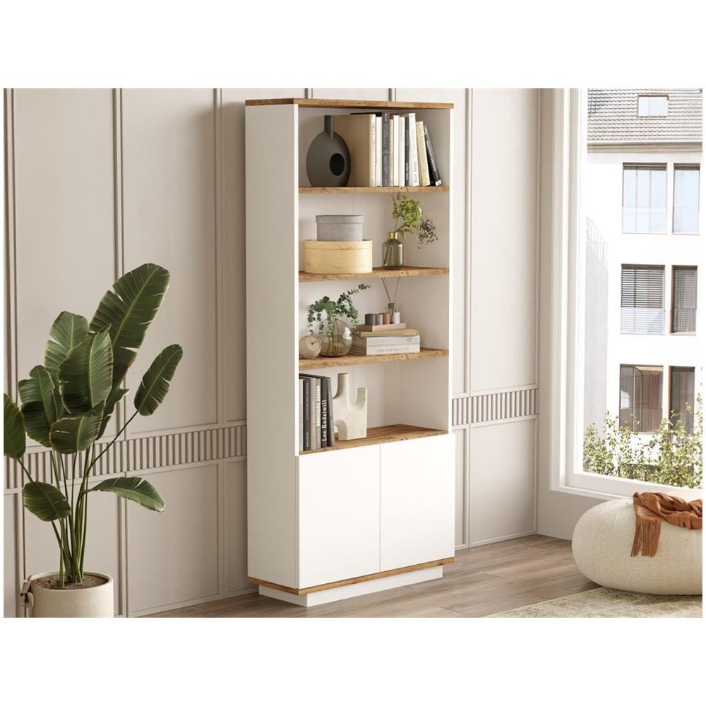 Libreria Con 2 Ante E 4 Nicchie Naturale Chiaro E Bianco - Lotula - Foto 2