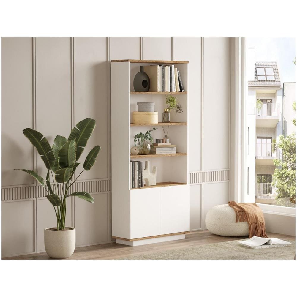 Libreria Con 2 Ante E 4 Nicchie Naturale Chiaro E Bianco - Lotula - Foto 1