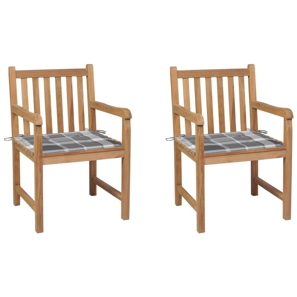 Sedie Giardino 2 pz con Cuscini Grigi a Quadri Legno di Teak - Foto 1