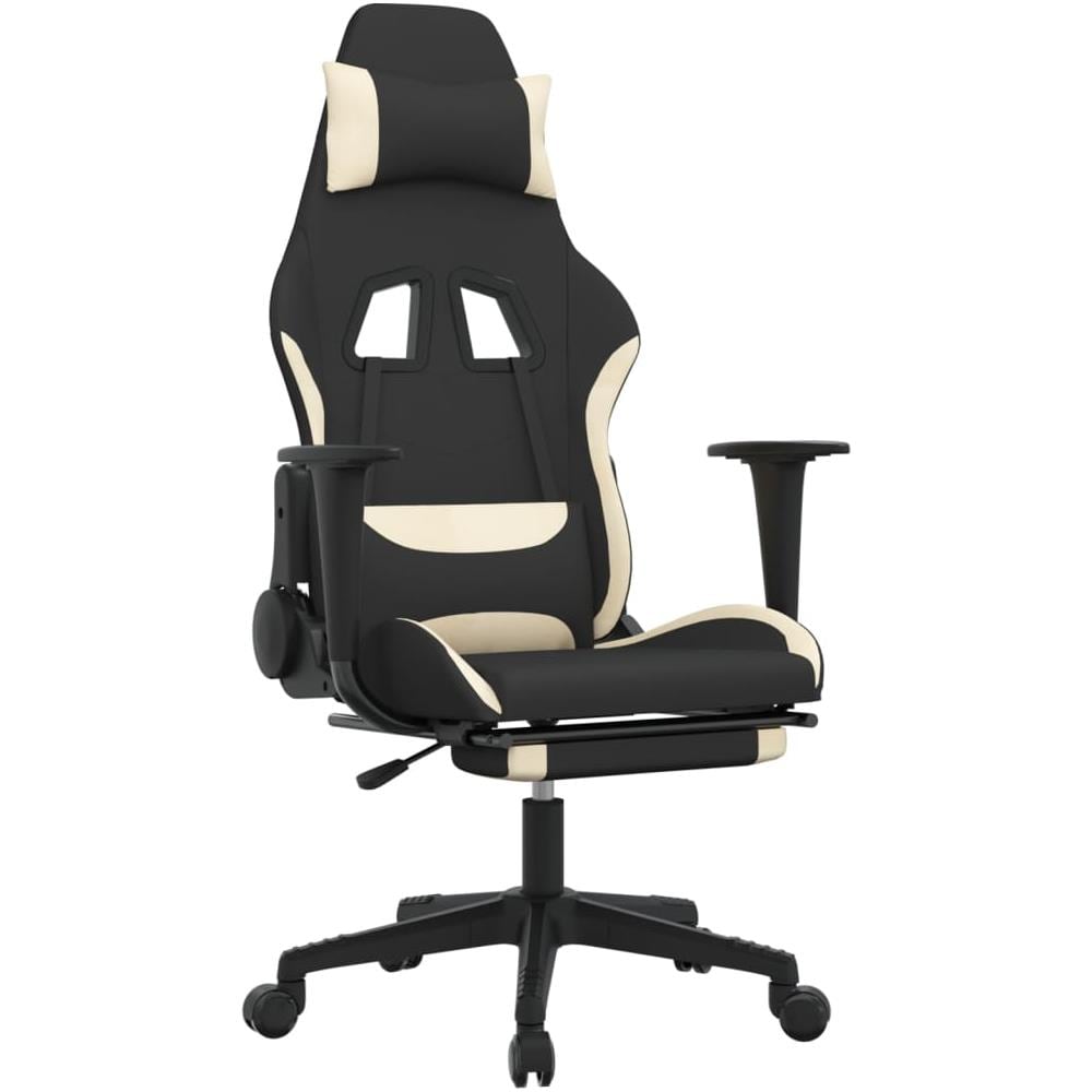 Sedia da Gaming Massaggio e Poggiapiedi Tessuto Nero e Crema - Foto 1