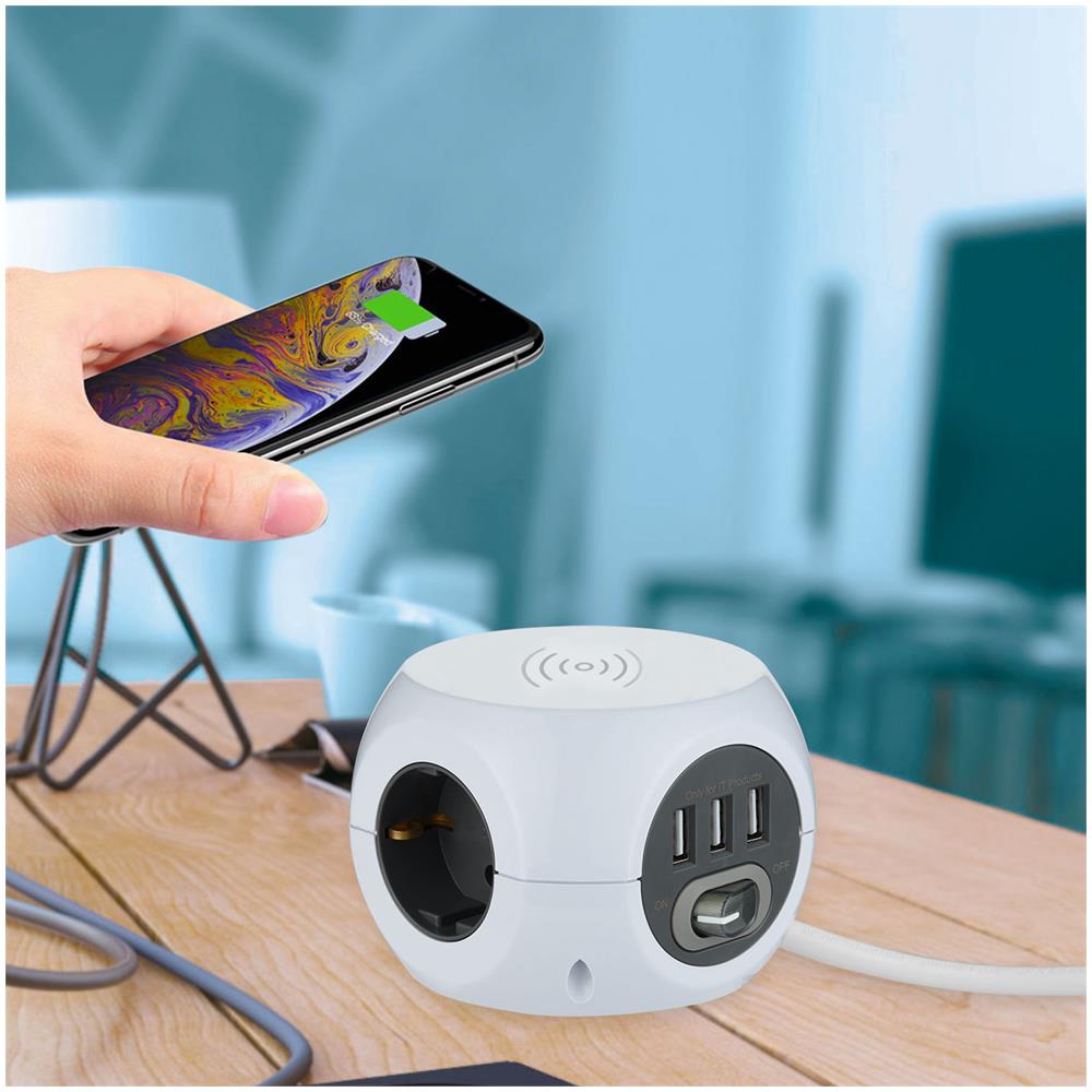 62079, Multipresa Mini Cubo Con Caricatore Wireless Rapido, Fast Wireless Charger Qi, Con 3 Porte Usb 2.4a E 3 Prese Schuko / tedesca, Cavo 1,5m, Spina Schuko / tedesca - Foto 3